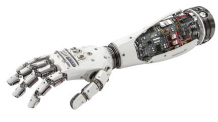 High-tech robotic prosthetic arm with digital controls, isolated on a Transparent background, PNG file.