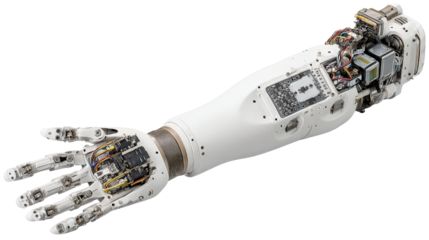 High-tech robotic prosthetic arm with digital controls, isolated on a Transparent background, PNG file.