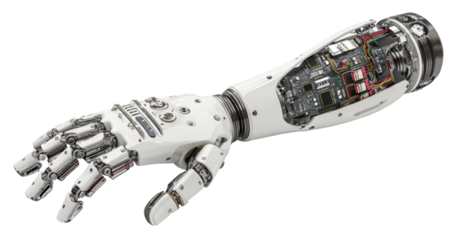High-tech robotic prosthetic arm with digital controls, isolated on a Transparent background, PNG file.