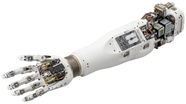High-tech robotic prosthetic arm with digital controls, isolated on a Transparent background, PNG file.