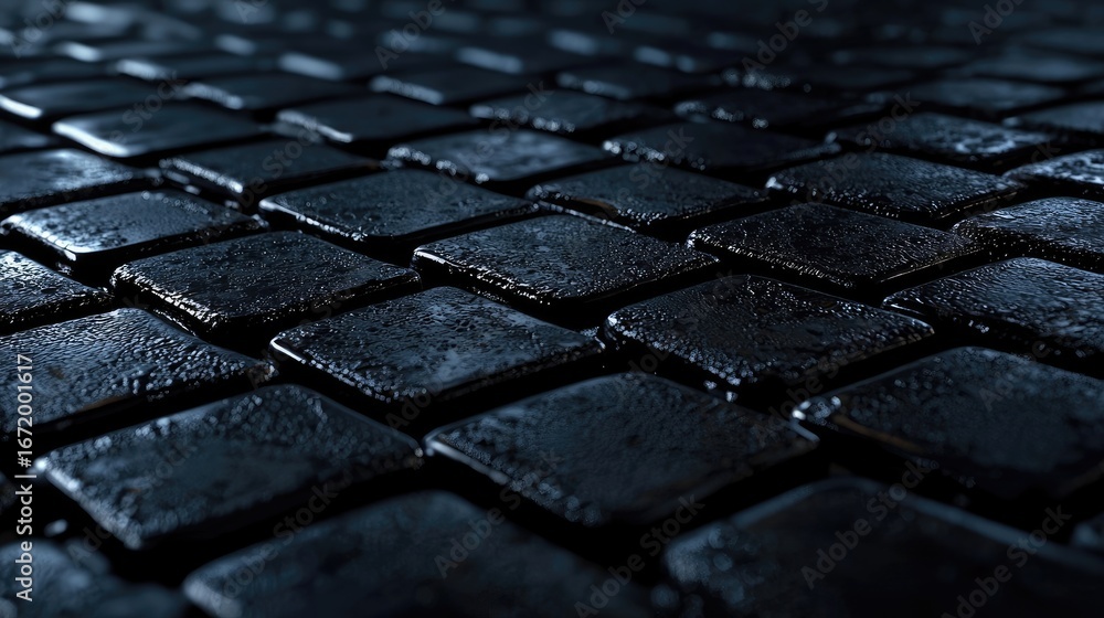 Poster monochrome abstract geometric pattern of dark shiny square tiles in a dimly lit room