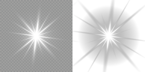Vector graphics. Sparkling star, vector glowing star light effect. White sparkle light effect isolated on transparent background. White glowing light explodes on a transparent background. Bright Star.