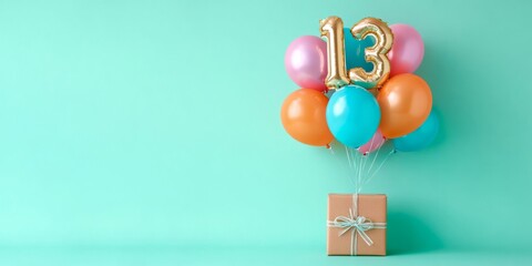 happy birthday greeting card - number 13 text balloon surrounded by orange, blue and pink balloons with gift box for celebration anniversary events, isolated onturquoise background
