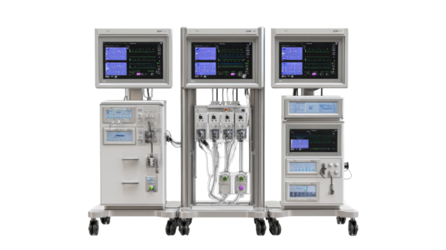 High-tech ventilator system with multiple screens and controls, isolated on a Transparent background, PNG file.