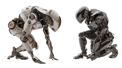 Futuristic Robots: Advanced futuristic robots with sleek metallic bodies and artificial intelligence, isolated on a Transparent background, PNG file.