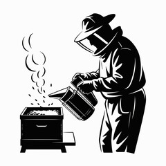 Beekeeper Working with Hive and Smoker Illustration