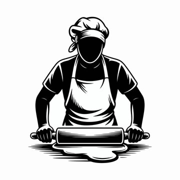 recommend clip art: Baker Rolling Dough in Black and White Illustration
