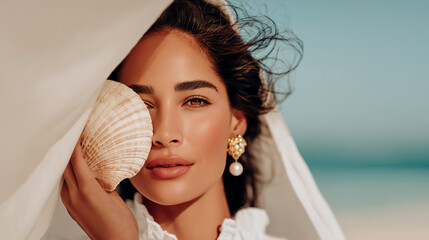 Beautiful woman portrait with seashell and pearl earrings on beach vacation. Summer luxury fashion lifestyle, natural linen fabric, ocean coastal setting. Elegant relaxed tropical holiday mood.