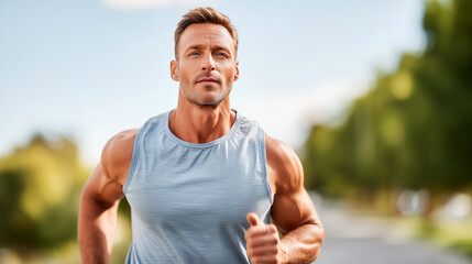 Athletic man giving thumbs up while jogging outdoors. Fit muscular male runner in tank top showing positive attitude during workout. Healthy active lifestyle and fitness motivation concept.