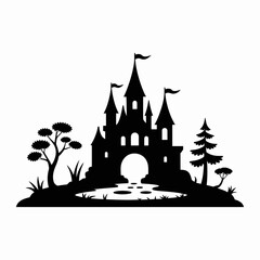 Castle Silhouette with Trees and Water Reflection