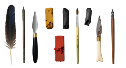 Photorealistic flat lay of ancient tools: iridescent quill, tarnished stylus, ochre chalk, charcoal, bamboo brush, obsidian, bone knife, pigment, ink pen, lead point on white, soft light. Historical