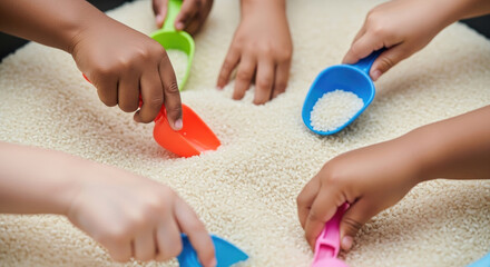 Children Playing with Rice in a Sensory Bin with Colorful Scoops Fine Motor Skills Development
