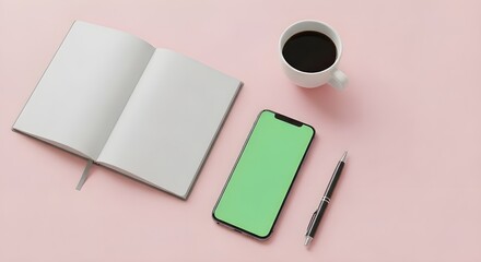 Top-view flatlay of smartphone, coffee cup, and notebook on pastel background with blank phone screen. Perfect for social media templates, digital branding, and content marketing.