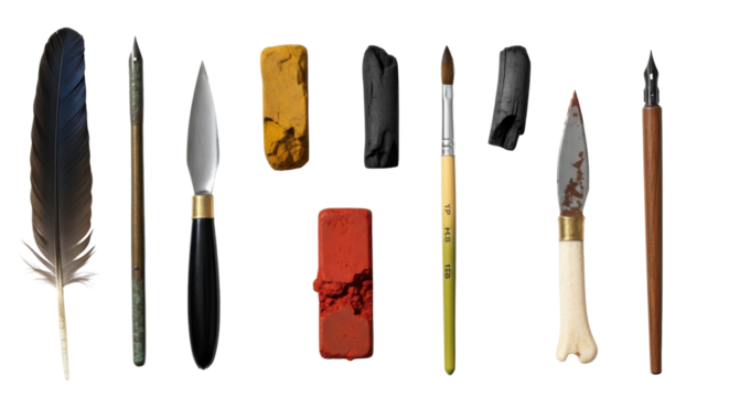 Photorealistic flat lay of ancient tools: iridescent quill, tarnished stylus, ochre chalk, charcoal, bamboo brush, obsidian, bone knife, pigment, ink pen, lead point on white, soft light. Historical