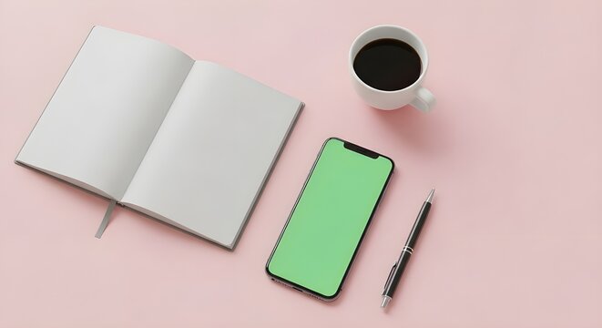 Top-view flatlay of smartphone, coffee cup, and notebook on pastel background with blank phone screen. Perfect for social media templates, digital branding, and content marketing. - Powered by Adobe