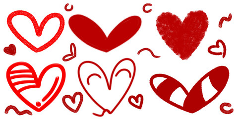 Collection of doodles in the shape of a heart or love. Red hand drawn heart illustration.