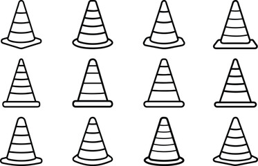 Twelve black and white traffic cone line art icons arranged in a grid safety warning