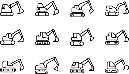 Collection of black line art excavator icons on white background digger construction © Bellal Icon Studio
