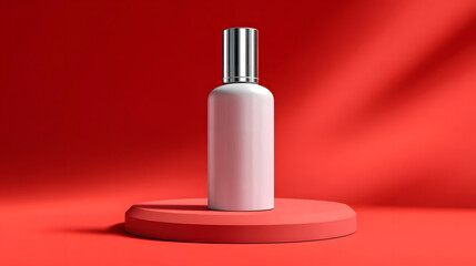 Red perfume bottle displayed on minimalist platform