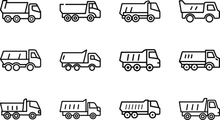 Twelve black line art dump trucks on white background vehicle transport