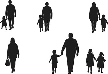 Silhouettes of parents with children walking, family bonding concept, father and mother with kids, parenting lifestyle illustration