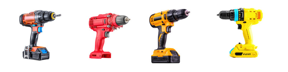 Collection of Four Electric Power Drills in Various Colors and Designs, Showcasing Versatility for Home Improvement and Professional Use in Various Settings
