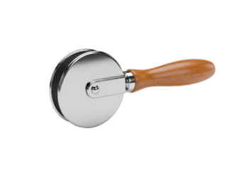 Professional stainless steel pizza cutter with a wood handle perfect for baking celebrations and
