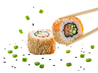 Delicious california roll sushi with sesame seeds and green onions falling artistically transparent background