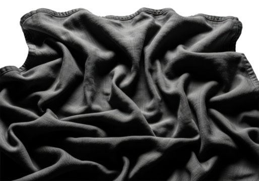 A photorealistic macro shot of rich, charcoal grey creased linen fabric with pronounced folds and deep shadows, isolated on a bright white background, textural study of worn luxury
