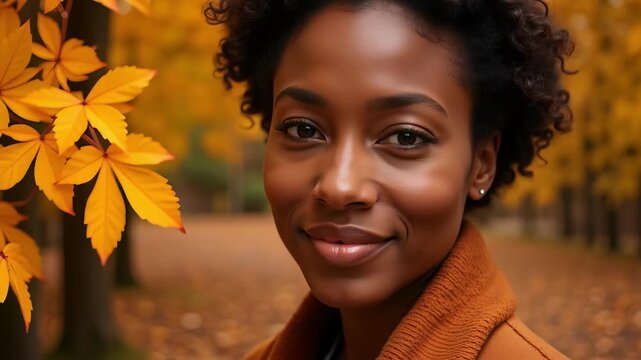 Intimate portrait of a confident 40-year-old African American woman, her gaze direct and engaging against a warm, autumnal backdrop, in 4k video.