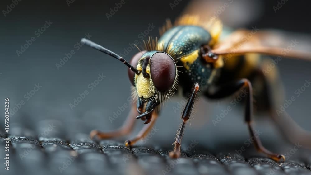 Poster a close-up shot of a fly sitting on a computer keyboard