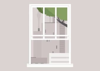 Bright sunlight streams through an open window, showcasing a serene cityscape where modern buildings meet lush greenery, creating a peaceful urban oasis