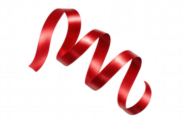 Red satin ribbon swirling elegantly on a transparent background, perfect for adding a touch of festive decoration to designs