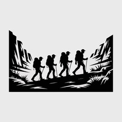 Hikers Trekking Through Mountains - Silhouette Art
