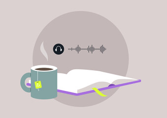 A calming atmosphere is created with a coffee mug alongside an open book, echoing the soothing vibes of an audiobook, Perfect for unwinding and sparking inspiration