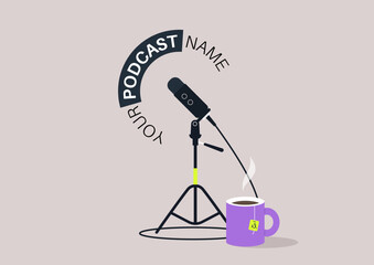 Brightly colored coffee mug sits beside a sturdy microphone on a stand, steam rising from the mug, perfect for online discussions in a cozy and inviting atmosphere