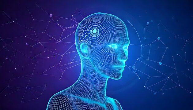 Wireframe head profile, glowing blue, set against a dark, constellation-like background