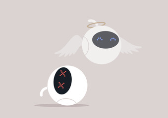 Game over, A playful robot spirit departs from its physical forms, soaring gracefully with enchanting wings and serene expressions, evoking a sense of joy and liberation