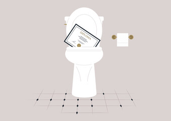 A diploma is humorously placed inside a toilet, symbolizes the irony of educational achievement discarded in an unexpected restroom environment