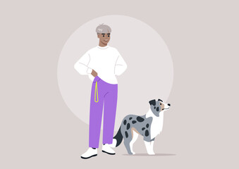 Naklejka na ściany i meble A cheerful dog owner stands confidently with a beautiful merle border collie by their side, The setting is inviting, showcasing a blend of comfort and happiness in their loyal companionship