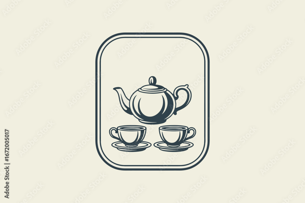 Poster a simple illustration of a teapot and two teacups within a rounded rectangular border on a plain bac