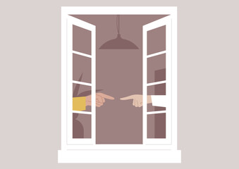 Two family members demonstrate intense conflict, exchanging pointed gestures through an open window, revealing a struggle for understanding and resolution amidst their emotional turmoil