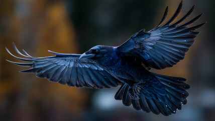 Obraz premium 琥珀の光に縁取られた黒いカラスの舞い