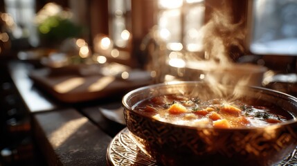 Steaming bowl of vegetable soup on a rustic table with warm sunlight illuminating the cozy kitchen