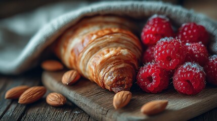 A delectable croissant and ruby raspberries breakfast scene