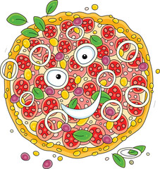 Funny Pizza cartoon character, freshly baked and tasty, with red tomatoes, sausage, cheese and olives with green leaves of basil, vector cartoon illustration isolated on a white background