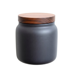Matte black ceramic jar with wood lid mockup