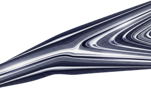 Abstract composition of ablated metallic foil edges, sleek lines, micro-etched indigo/grey patterns, luminous silver, on transparent background, concept of sophisticated material innovation