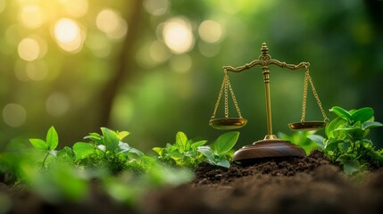 Golden scales of justice against a backdrop of green shoots and nature, symbolizing balance and harmony.
For articles on ecology, sustainable development, legal and business topics 