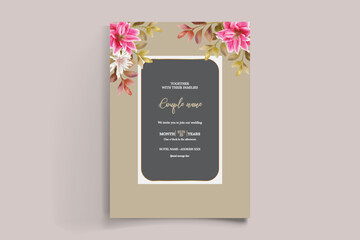 WEDDING INVITATION FRAME WITH FLOWER DECORATIONS AND FRESH LEAVES